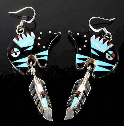 Signed Zuni Inlaid Mosaic Bear & Feather Earrings