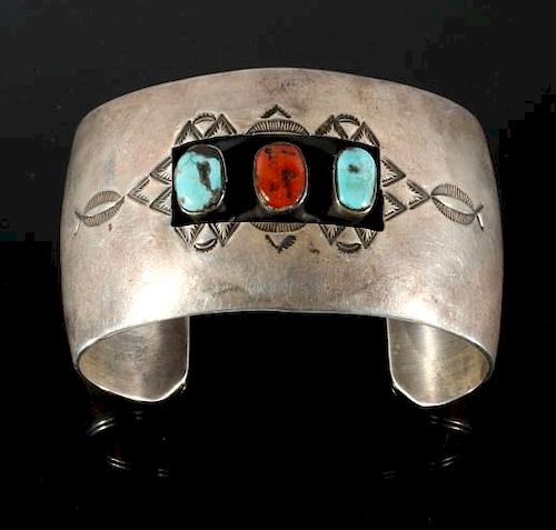 Navajo Sterling, Turquoise & Coral Shadowbox Cuff