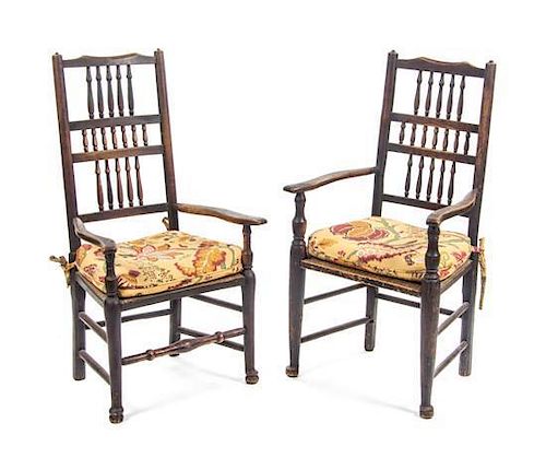 Two English Yew Wood or Elmwood Armchairs, Height 42 3/4 inches.
