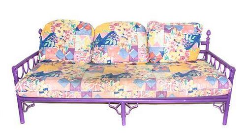 A Violet Painted Rattan Sofa, Width overall 79 3/4 inches.