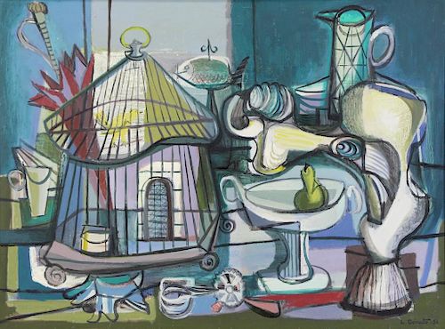 DONATO, Louis. Oil on Canvas. "Bird Cage" 1951.