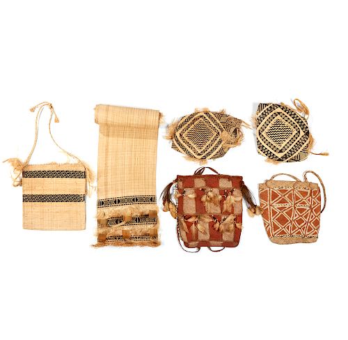 Five Asmat Woven Carrying Bags and Table Runner