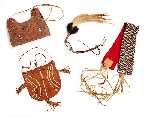 African Whisk, Two Beaded Purses, and a Belt