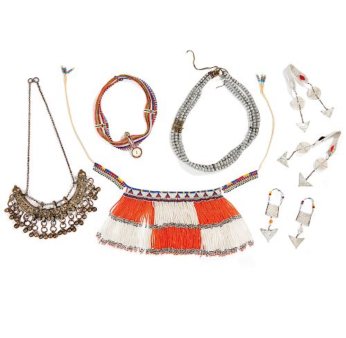 Two Maasai, Tanzania Woman's Earrings, Zulu Beaded Cache-Sexe, Kenya Headdress and Metal Belt, Ethiopia Wedding Necklace