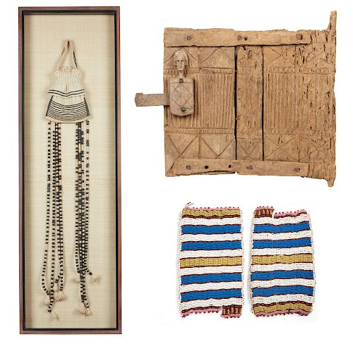 Two Beaded Panels, Bambara Wood Shutter, Framed South African Tobacco Pouch 