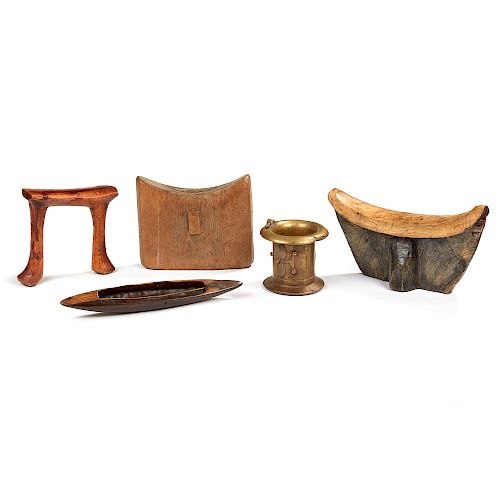 Senufo Leg Ornament, Sidama, Ethiopia Headrest, Two Kenya Headrests, Ashanti Wood Heddles