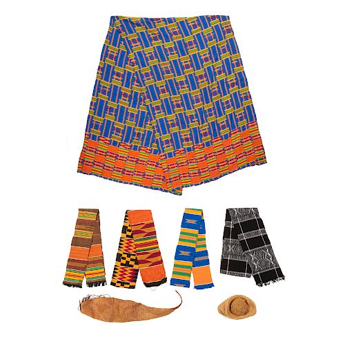 Ashanti, Ghana Full Kente Textile, Cantiago Island, Cape Verde Sash, Zanzibar Moslem Hat and Kenya Hair Wrap