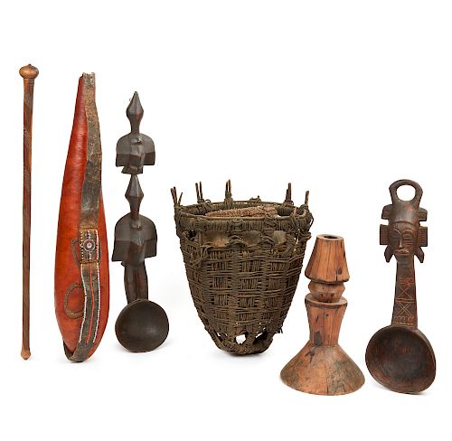 African Spoon/Stand, Basket with Frame, Senufo Ladle, Gourd Container and Staff