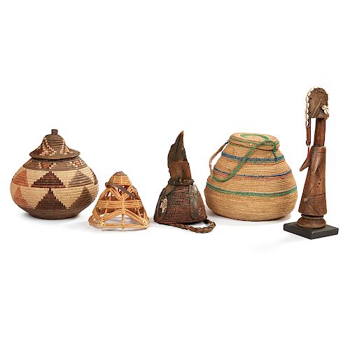 Lega Hat, a Basketry Hat,  Two Baskets and Mossi Doll