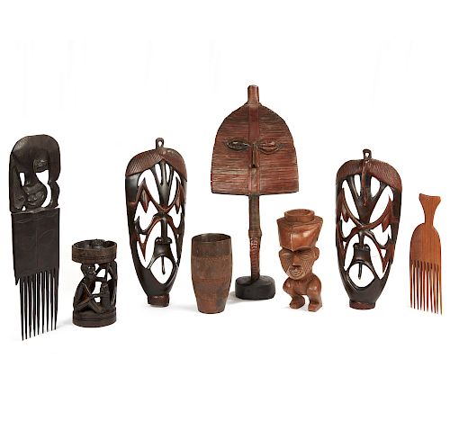 Kota/Mahongwe Style Reliquary Figure, 2 Kuba Cups, a Figure, 2 Combs, 2 Masks and a Makonde Carving