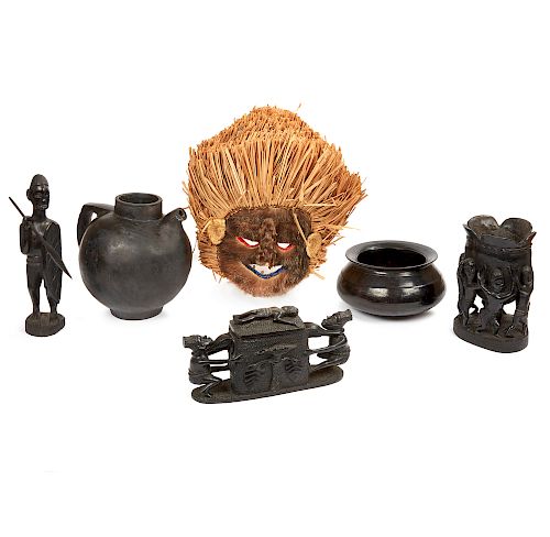Black Wood Warrior Figure with Spear and Shield, Black Ceramic Bowl, Nigerian Wood Bowl with Figures, Wooden Vessel with Figures, Large Black Ceramic 