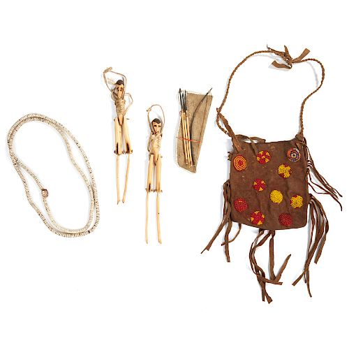 San, Namibia/Botswana: Miniature Bow and Arrow Set, Ostrich Shell Necklace, Doll/Marionettes, Gathering Bag 