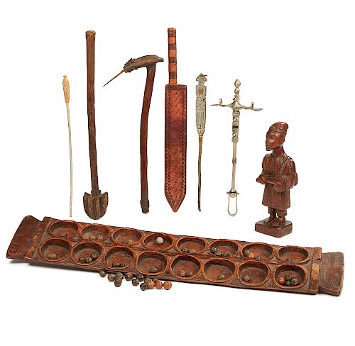 Turkana Milk Churner, Knife, Kenya Adze, Beer Strainer, Brass Weaving Object, Salt Hammer, Yoruba Figure, Maasai Gameboard