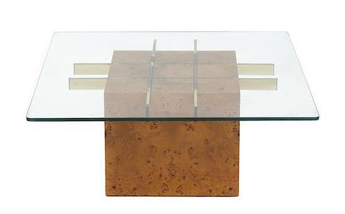 A Contemporary Burlwood, Chromed Metal and Glass Low Table, Height 14 1/4 x width 35 1/2 x depth 35 1/2 inches.