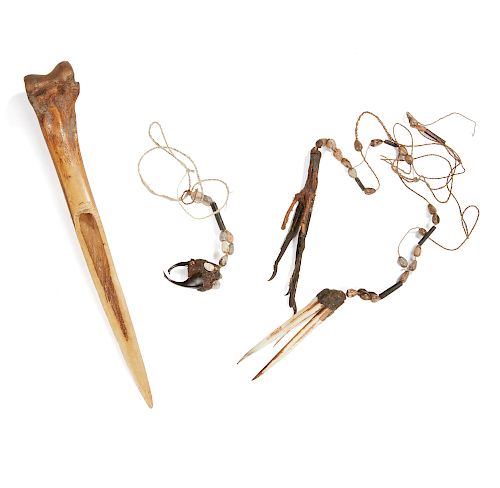Asmat Bird Bone Dagger and three Asmat Necklaces