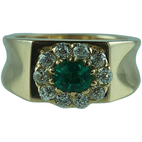 Cute 14 Karat Yellow Gold Emerald & Diamond Ring.
