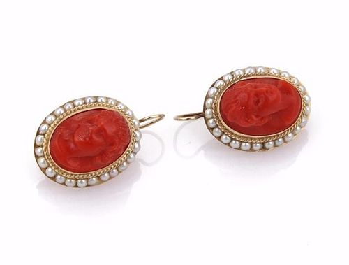 Carved Coral Cameo Seed Pearls14k Gold Earrings