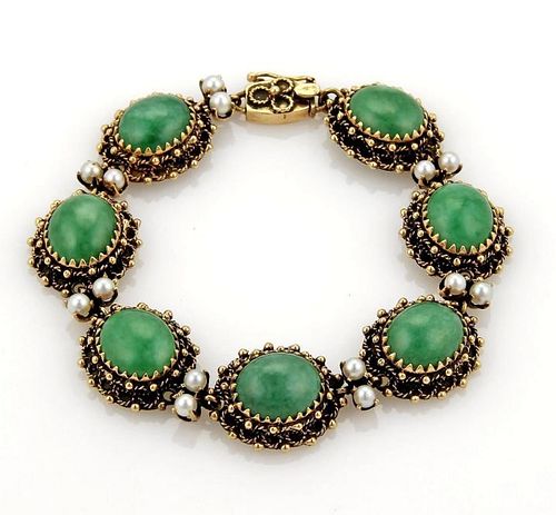 Jade Seed Pearls 14k Gold Oval Link Bracelet