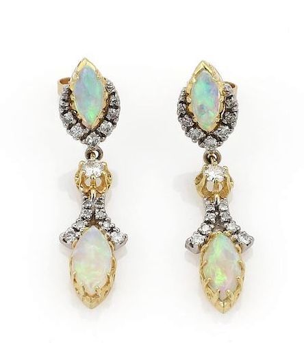 Diamond & Fire Opal 14k Gold Drop Dangle Earrings