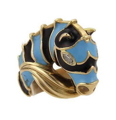Diamond 18k Yellow Gold Blue Enamel Horse Ring
