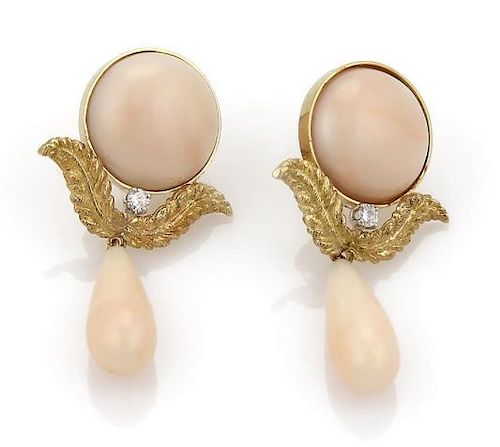 Diamond 18k Gold Angel Skin Coral Dangle Earrings