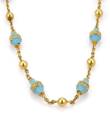 18k Gold Blue Enamel Rhombus & Bead Link Necklace