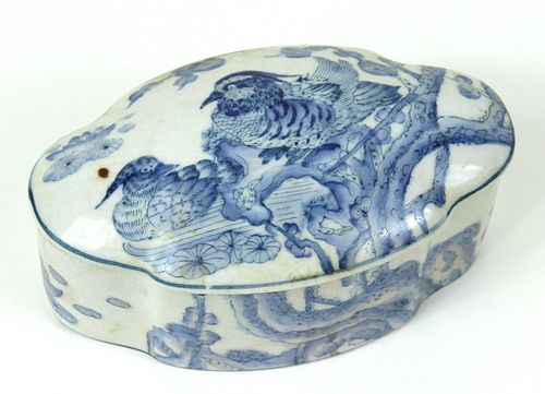 Chinese White + Blue Porcelain Bird Covered Jar.