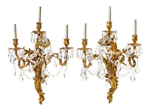 * A Pair of Louis XV Style Gilt Bronze Sconces Height 28 inches.