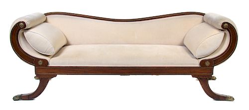 A Regency Style Gilt Metal Mounted Mahogany Sofa Height 33 1/2 x width 88 x depth 26 inches.