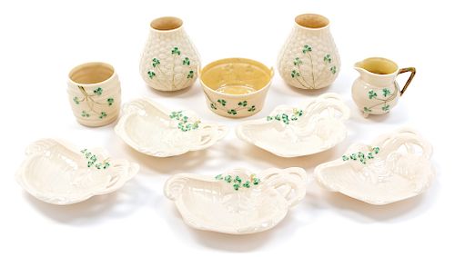 * A Collection of Belleek Shamrock Decorated Articles Width of bowl 6 3/4 inches.