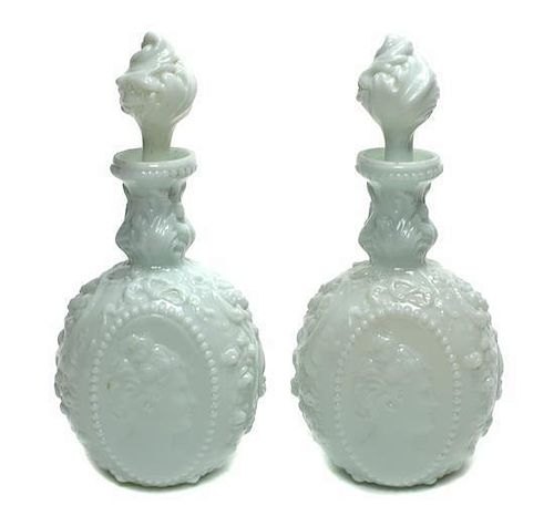 A Pair of Victorian Opaline Glass Decanters, Height overall 11 inches.