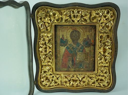 Framed Antique Russian Hand Painted Icon In Case