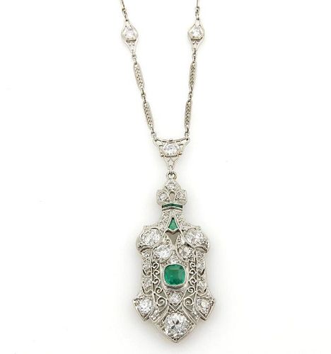 Estate Diamond Emerald Platinum Filigree Necklace