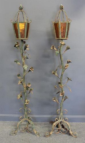 Pair of Patinated Iron Vine Torchieres.