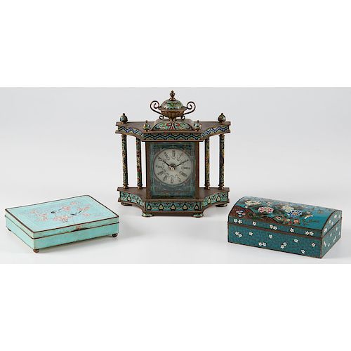 Chinese Enameled Boxes and Enamel Clock