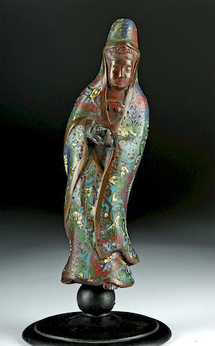 Early 20th C. Chinese Bronze Champleve Enamel Guanyin