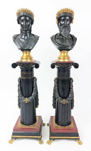 Antique French Empire Bronze Busts On Pedestals