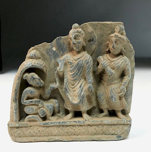 Gandharan Schist Panel - Buddha, Attendant, & Beggar