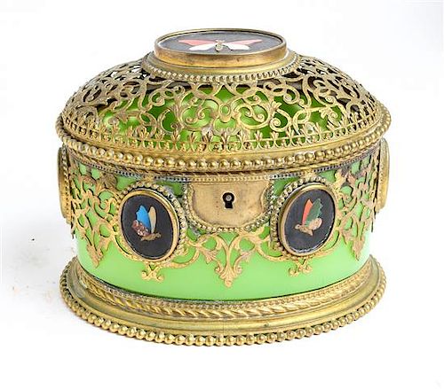* A Gilt Metal Mounted and Pietra Dura Inset Opalescent Glass Table Casket Height 4 3/8 x width 5 3/8 inches.