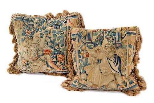 * A Pair of Flemish Tapestry Pillows Height 14 x width 14 inches.