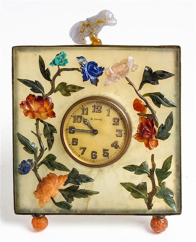 * A Chinese Hardstone Table Clock Height 6 1/2 inches.