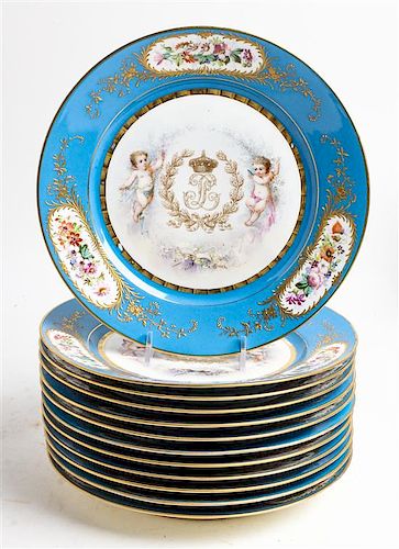* A Set of Twelve Sevres Style Porcelain Plates Diameter 9 inches.