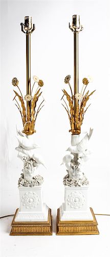 * A Pair of Continental Blanc de Chine Lamps Height of porcelain 14 1/4 inches.