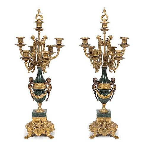 A Pair of Neoclassical Style Gilt Metal Seven-Light Candelabra Height 27 1/4 inches.