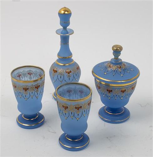 Four Enameled Opaline Glass Table Articles Height of decanter 9 3/4 inches.