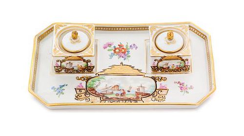 A Continental Porcelain Encrier Width 8 7/8 inches.