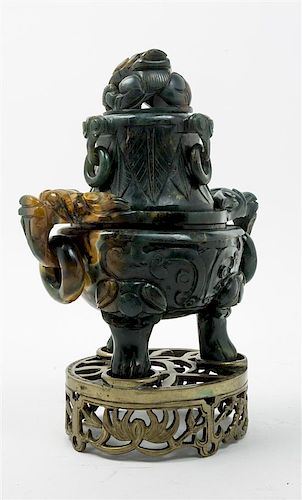 A Chinese Carved Hardstone Covered Urn Height of stone 9 1/2 inches.
