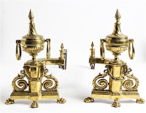 A Pair of Neoclassical Style Gilt Metal Andirons Height 12 1/2 x length 19 inches.