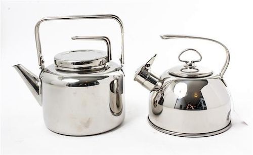 Two Stainless Steel Tea Kettles Height of tallest 9 1/4 inches.
