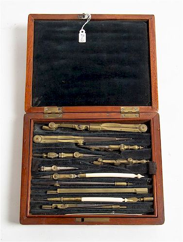 An English Cased Drawing Set Length of longest tool 6 1/4 inches.